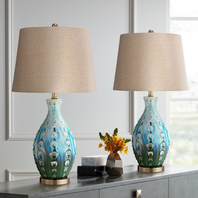 360 Lighting Mid Century Modern Table Lamps 26.5" High Set of 2 Ceramic Teal Handmade Tan Linen Tapered Shade for Living Room Bedroom (Color May Vary), 2 of 7