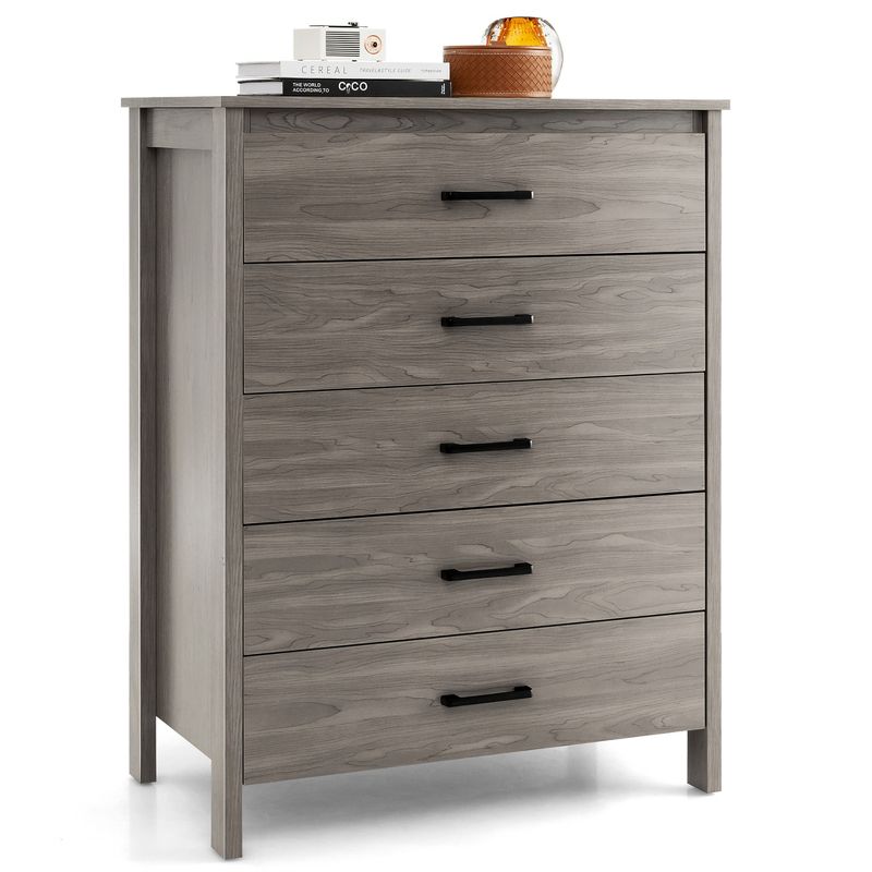Costway Modern 5 Drawer Chest Storage Dresser Cabinet with Metal Handles Grey Oak, 1 of 11