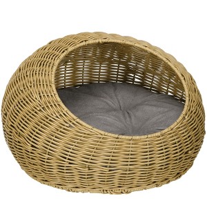 PawHut Rattan Cat Bed, Wicker Cat House Basket with Washable Cushion for Small Indoor Cats and Dogs, Light Brown - 1 of 4