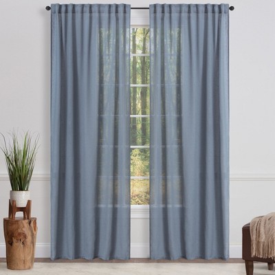 Dark Blue Faux Belgian Flax Semi-Sheer Window Curtain Panels, 52 x 96 Inches