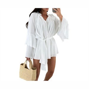 Clearlove Women's V-Neck Relaxed Fit Dress with Asymmetrical Hem & Tie Detail - 1 of 4