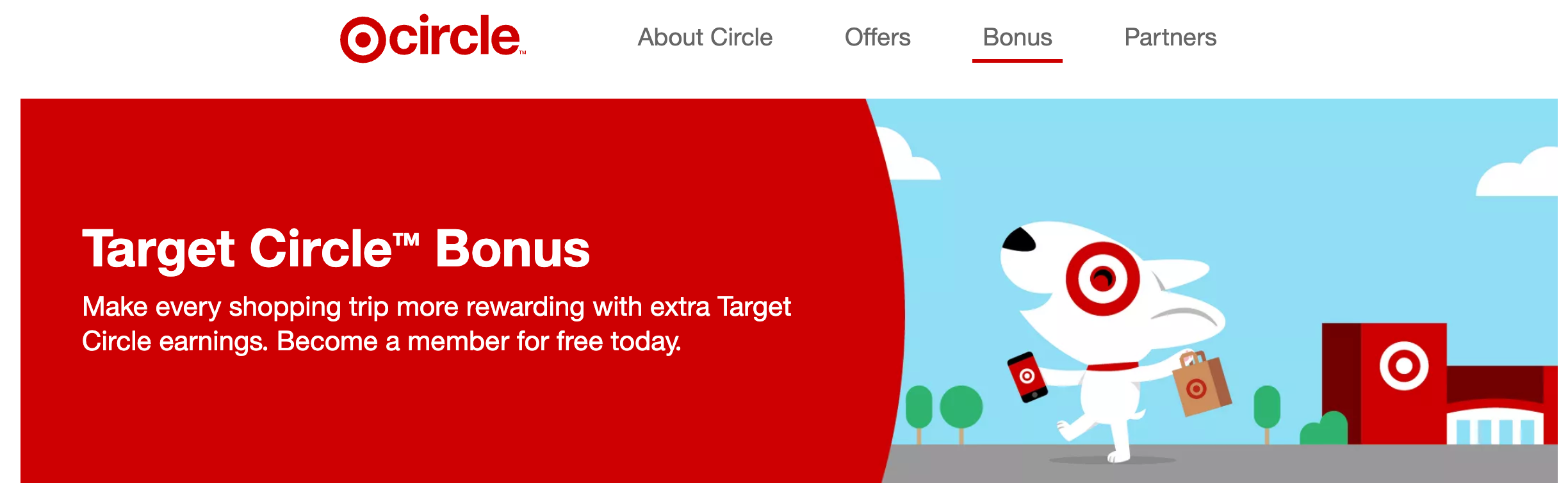 Snapshot of Target Circle website header showing a cartoon Bullseye dog shopping with a smartphone in hand, with text reading "Target Circle TM Bonus, Make every shopping trip more rewarding with extra Target Circle earnings. Become a member for free today."