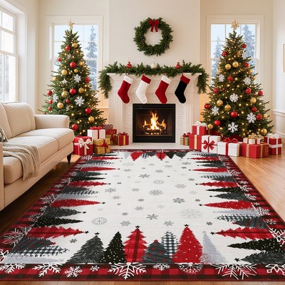 Christmas Washable Rugs for Living Room, Christmas Rugs with Xmas Tree Snowflake Pattern, Foldable Plaid Accent Rug, Soft Low Pile Carpet