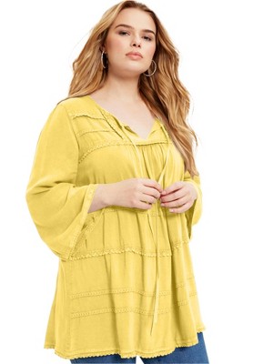 June + Vie by Roaman's Women's Plus Size Acid Wash Peasant Blouse