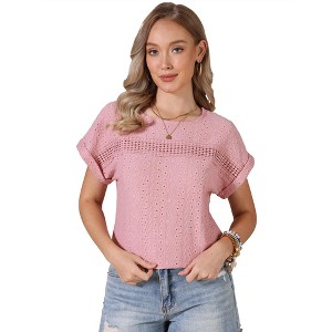 INSPIRE CHIC Women's Eyelet Short Sleeve Round Neck Hollow Out Summer Dressy Casual Blouses - 1 of 4