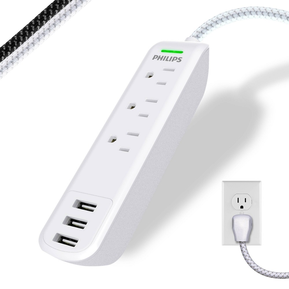 Philips 3-Outlet Grounded Braided Extension Cord with USB 3 Ports 3.4A 360J 6' Braided - White