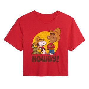 Women's - Peanuts - Franklin And Snoopy Howdy Cropped Graphic T-Shirt - 1 of 4