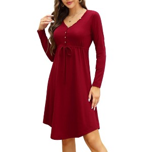 Women’s Maternity Dress Long Sleeve Casual T-Shirt Dress V Neck Button Tie Waist Drawstring Irregular Hem Tunic Shift Midi Dress - 1 of 4