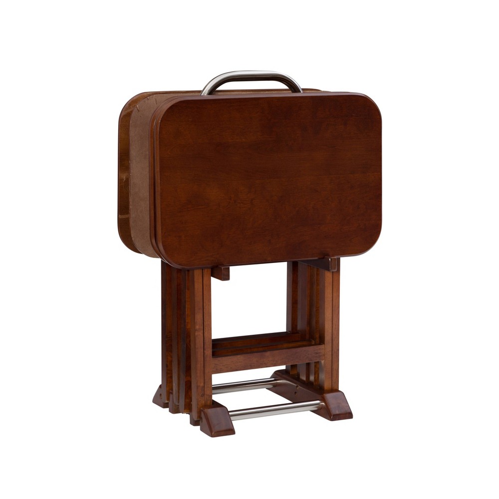 5pc Grant Folding TV Snack Tray Tables Dark Cherry/Chrome - Powell: Set of 4 with Stand, MDF Wood Finish