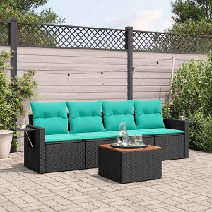5 Piece Patio Sofa Set with Cushions Black Poly Rattan vidaXL - 1 of 4