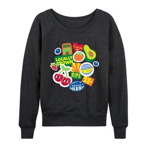 Women's - Instant Message - Fruit Stamps Lightweight French Terry Wide Neck Long Sleeve Graphic Shirt - 1 of 4