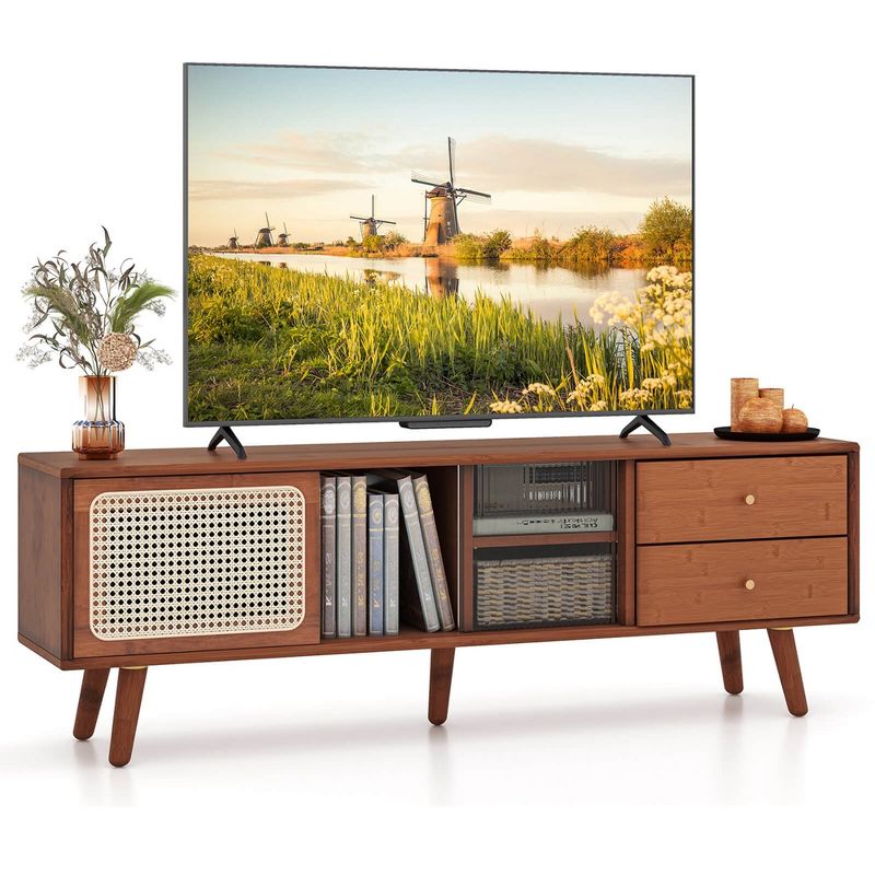 Costway Bamboo TV Stand Console Table with PE Rattan  Door & 2 Drawers for TV up to 65" Brown/Natural, 1 of 11