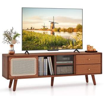 Costway Bamboo TV Stand Console Table with PE Rattan  Door & 2 Drawers for TV up to 65" Brown/Natural