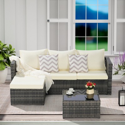 2PCS Patio Furniture Set, Outdoor Sectional Couch with Glass Coffee Table, L Shaped Wicker Conversation Set for Backyard Poolside Balcony