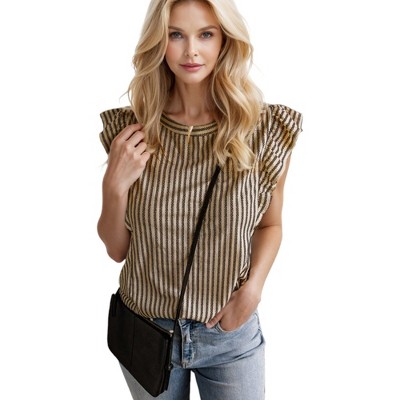 Amaryllis Women's Sleeveless Ruffle Trim Striped Top with High Neckline