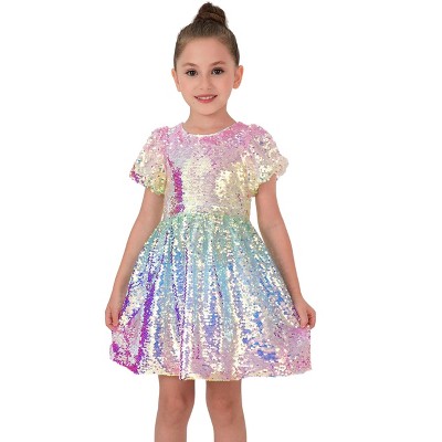 2Bunnies Girls' Ombre Sequin Puff Sleeve Dress