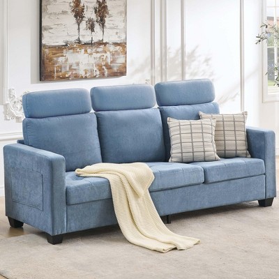 3 Seat Sofa Couch, 89'' Chenille Fabric Upholstered Sofa with Wide Armrest and Removable Headrest, Comfy Couches with Side Storage Pockets
