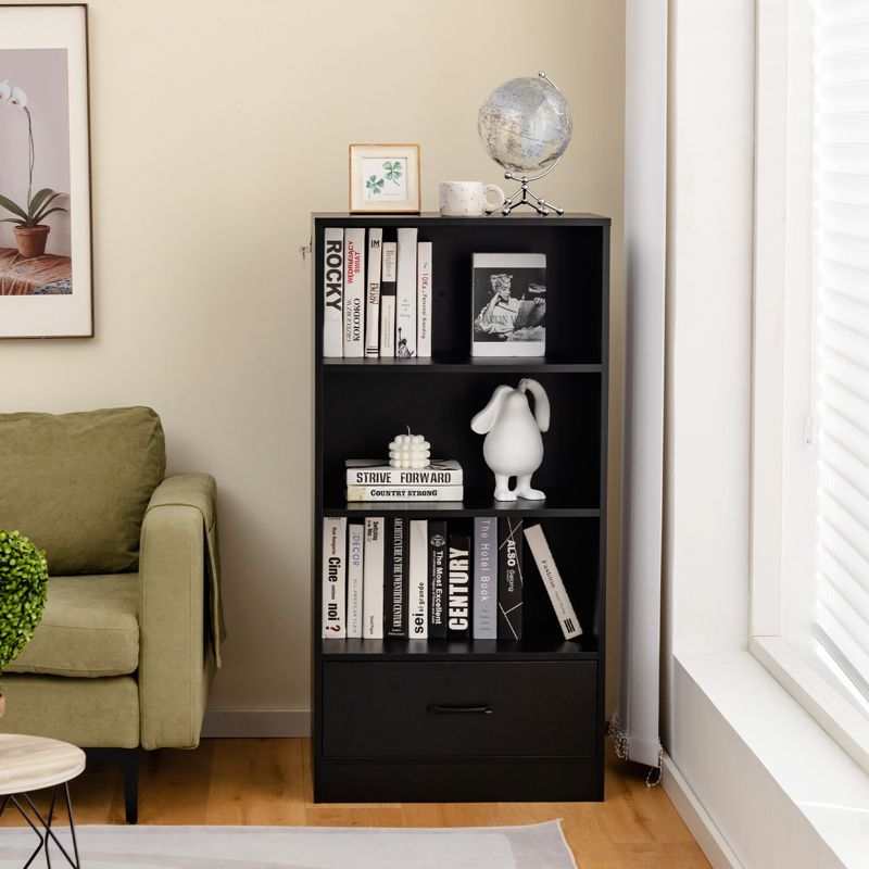Tangkula 4-Tier Bookcase w/Storage Drawer Modern Storage Shelf w/3-Tier Open Shelf Freestanding Display Shelf Grey/Natural/White, 2 of 11