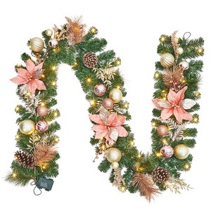 9FT Battery-Operated Christmas Garland - Pre-Lit Warm White LED Lights with Pine Cones, Berries & Balls for Indoor/Outdoor Mantle Decor - 1 of 4