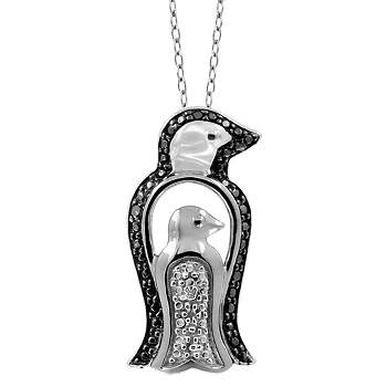 Women's Sterling Silver Accent Round-Cut Black and White Diamond Pave Set Penguin Pendant - White (18")