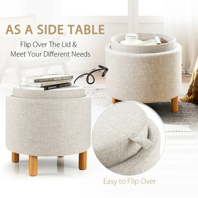 Beige Round Storage Ottoman with Tray and Wood Legs