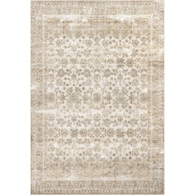 Ivory Floral Round Washable Synthetic Area Rug