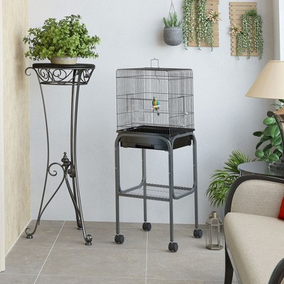 Black Metal Indoor Bird Cage with Rolling Stand and Storage Basket