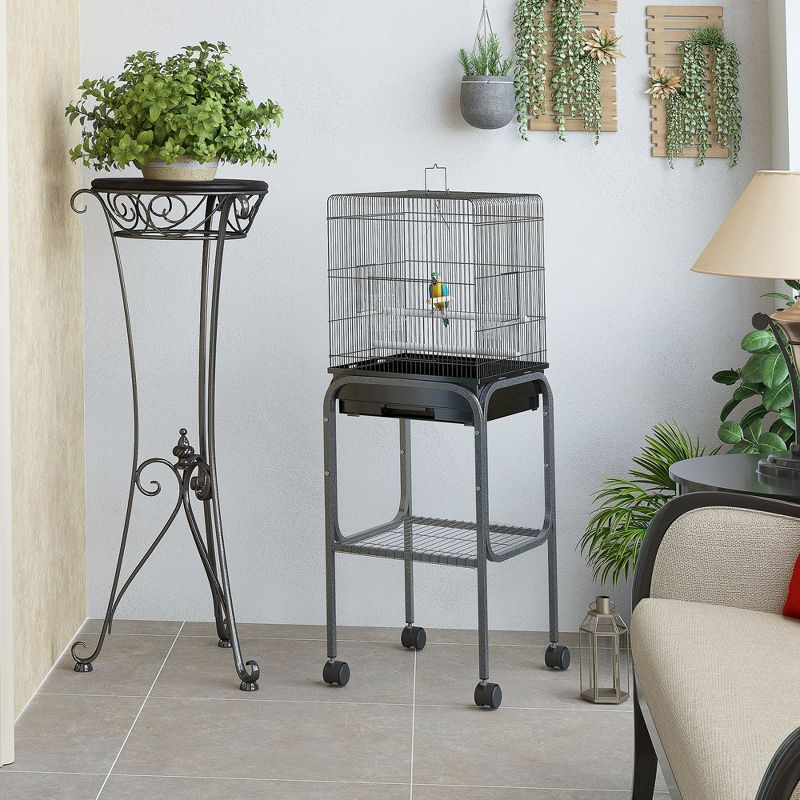 PawHut 44.5" Metal Indoor Bird Cage Starter Kit With Detachable Rolling Stand, Storage Basket, And Accessories - Black, 2 of 9