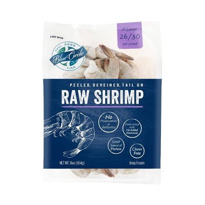 Blue Circle Peeled, Deveined, Tail-On Raw Shrimp - 26/30ct per pound - Frozen - 16oz