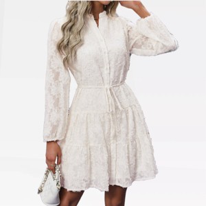 Womens Long Sleeve Lace Dress Button Down Tiered A Line Dress Tie Waist Mini Shirts Dress Fall Casual Dress - 1 of 4