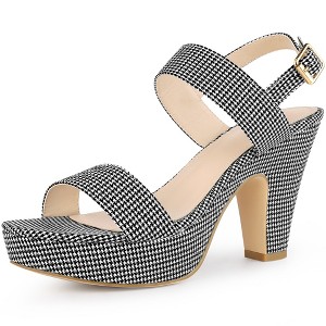 Allegra K Women's Houndstooth Plaid Print Platform Buckle Chunky High Heel Sandals - 1 of 4