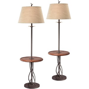 Franklin Iron Works Industrial Floor Lamps 63.5" Tall Set of 2 with Tray Table Dark Rust Iron Twist Base Wood Linen Shades Living Room House - 1 of 4