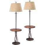 Franklin Iron Works Industrial Floor Lamps 63.5" Tall Set of 2 with Tray Table Dark Rust Iron Twist Base Wood Linen Shades Living Room House