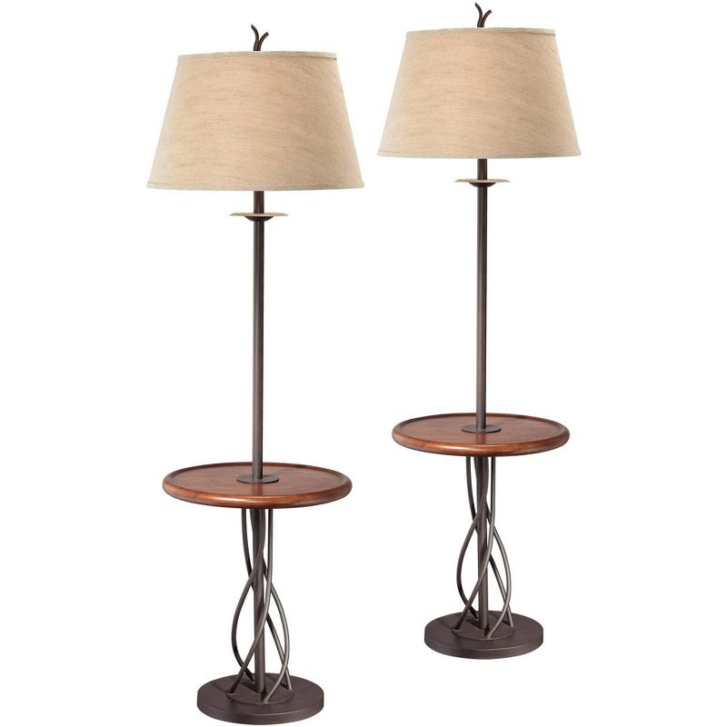 Franklin Iron Works Industrial Floor Lamps 63.5" Tall Set of 2 with Tray Table Dark Rust Iron Twist Base Wood Linen Shades Living Room House, 1 of 6