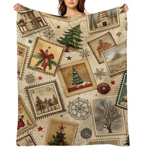 FIONECA Vintage Christmas Architecture Stamp Blanket with Tree and Star Design Soft Warm Holiday Decor Throw 30x40 inches - 1 of 4
