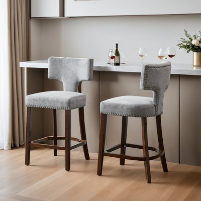Counter Height Bar Stools Set of 2, Farmhouse Linen Fabric Upholstered Accent Chair Curved Backrest with Copper Nails around - Leovsnove