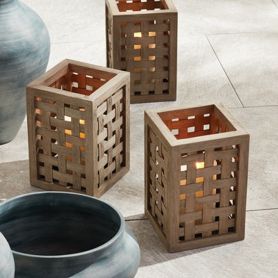 Gray Washed Teak Wood Handwoven Hurricane Lantern