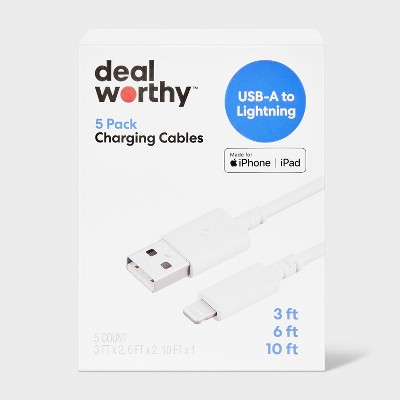 Lightning to USB-A Charging Cables (3'/3'/6'/6'/10') 5pk - dealworthy™ White