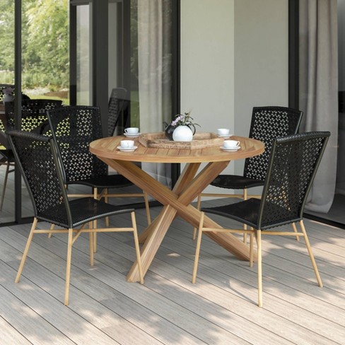 5pc Outdoor Acacia Dining Set With, Round Wooden Garden Table B Q