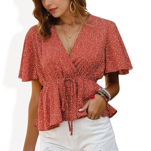 Anna Kaci Women s Flutter Sleeve Polka Dot Peplum Top with Wrap Design Large Red