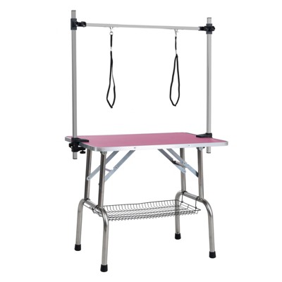 VisioGear 46" Folding Dog Pet Grooming Table with Adjustable Arm and Clamps, Pet Dog Cat Grooming Table, Pink, 46"*23.6"*65.5"