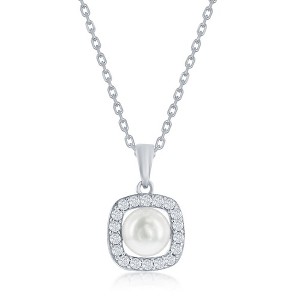 Bella Silver Sterling Silver Round Pearl, CZ Border 18" Pendant Necklace - White - 18 Inch - 1 of 2