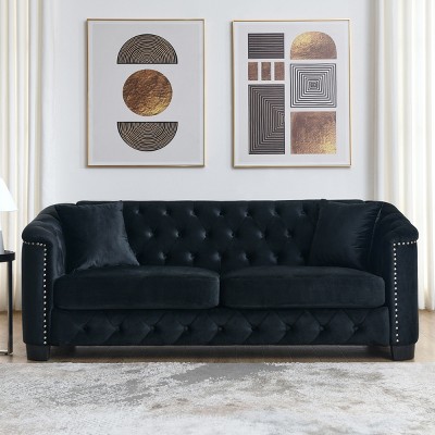 77" Chesterfield Velvet Sofa,Luxury 3-Seater Tufted Couch with Nailhead Trim for Living Room,Bedroom or Apartment-Baofuwish