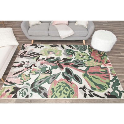 May Flowers 8' x 10' Ivory and Green Synthetic Floral Area Rug
