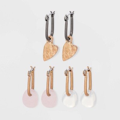 Mixed Semi-Precious Charm and Heart Hoop Earring Set 3pc - Universal Thread™ Hematite