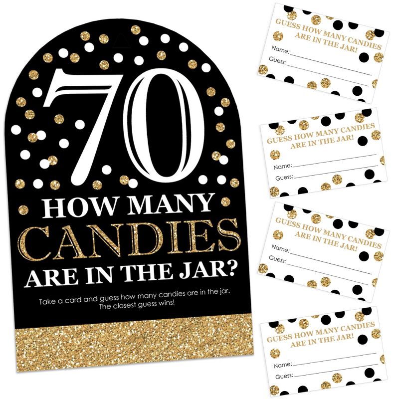 Big Dot of Happiness Adult 70th Birthday - Gold - How Many Candies Birthday Party Game - 1 Stand and 40 Cards - Candy Guessing Game, 1 of 9