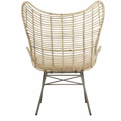 Transitional Beige Rattan Wingback Armchair with White Wash Finish