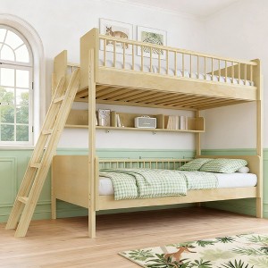 Luxystar Twin Size Wooden Bunk Bed with 3 Storage Shelves and Guardrails, Ladder can be Changed Left or Right - 1 of 4