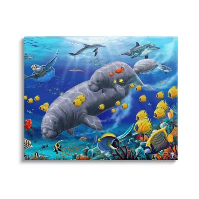 Stupell Industries Manatees & Fish Swimming Canvas Wall Art