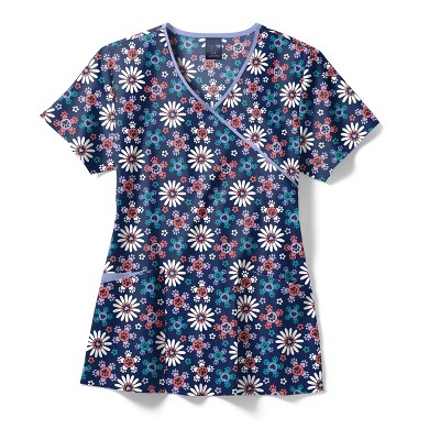 Zoe and Chloe Zoe+Chloe Contrast Mock Wrap Print Scrub Top